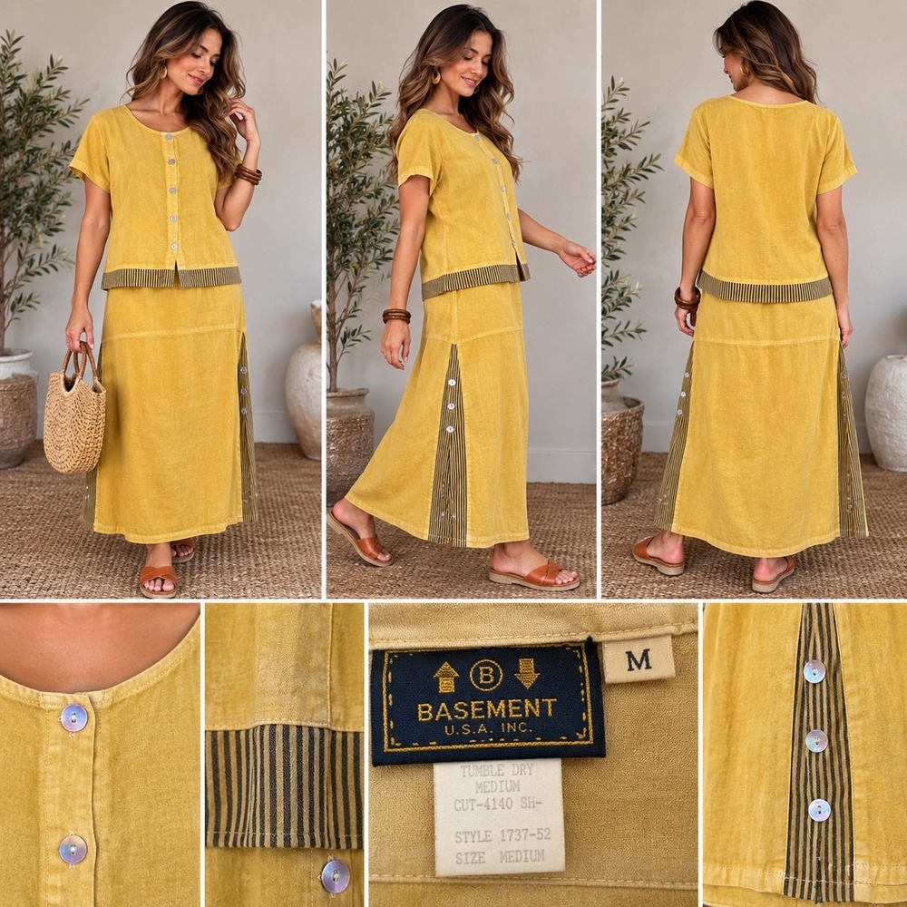 Basement USA Mustard Yellow 2 Piece Set Top Maxi Skirt Artsy Lagenlook Medium